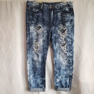 Machine Acid Wash Distressed Denim High Waist Straight Leg Ankle Boyfriend Jeans